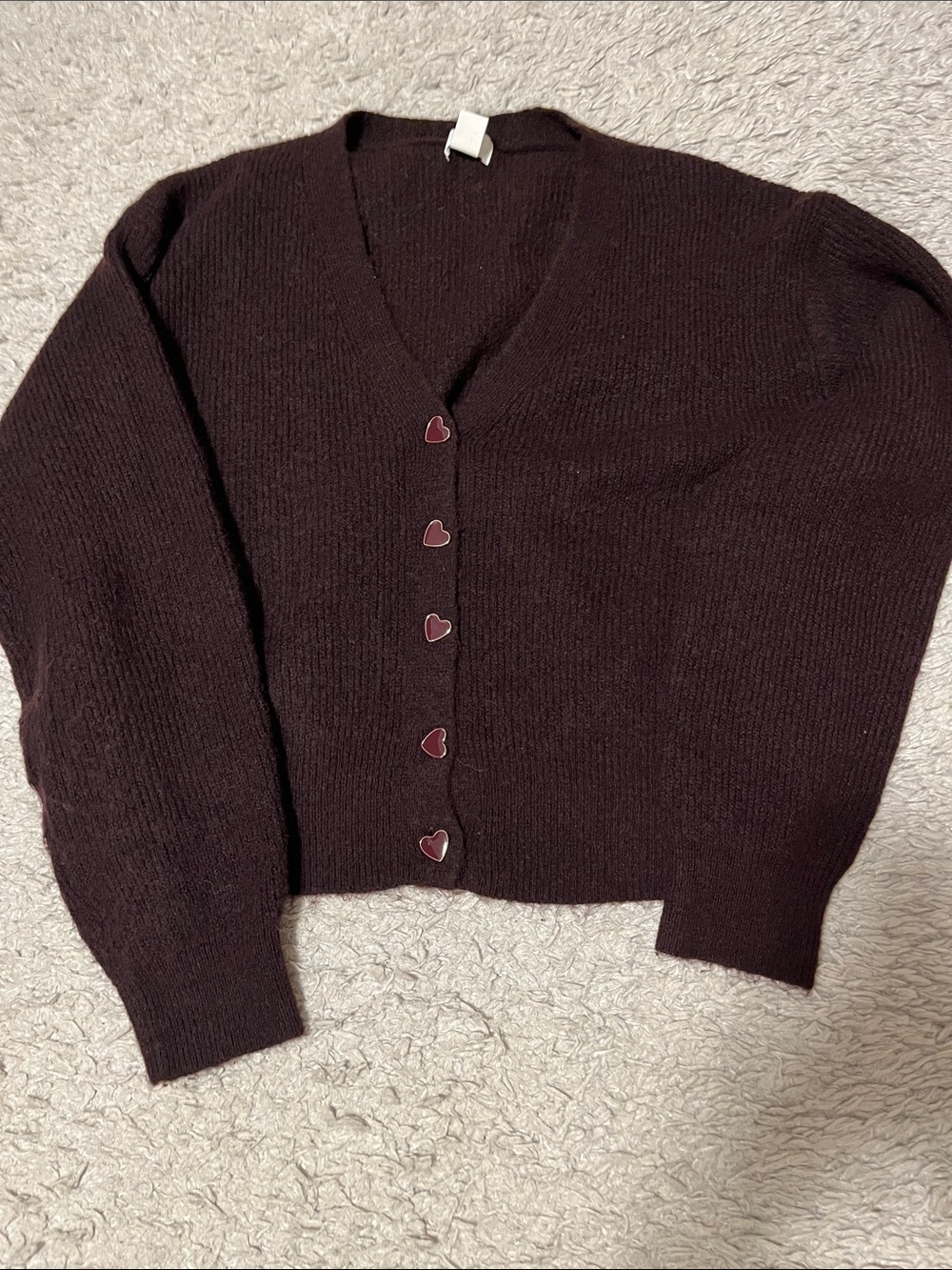H&M V-Neck Cardigan Sweater in Deep Burgundy with Heart Buttons